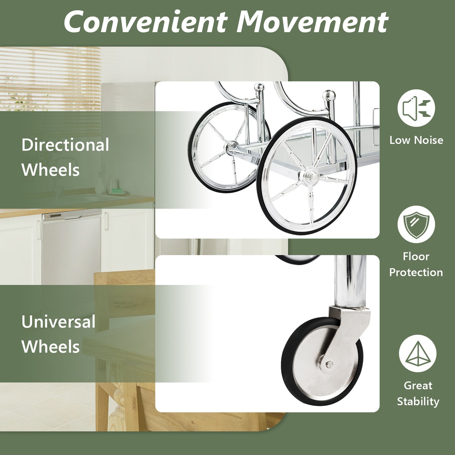 Costway Glass Storage Cart, Kitchen Trolley Cart, Utility Cart w\u002F 3-tier Shelf, Rolling Serving Cart w\u002F Directional Wheels & Universal Wheels,