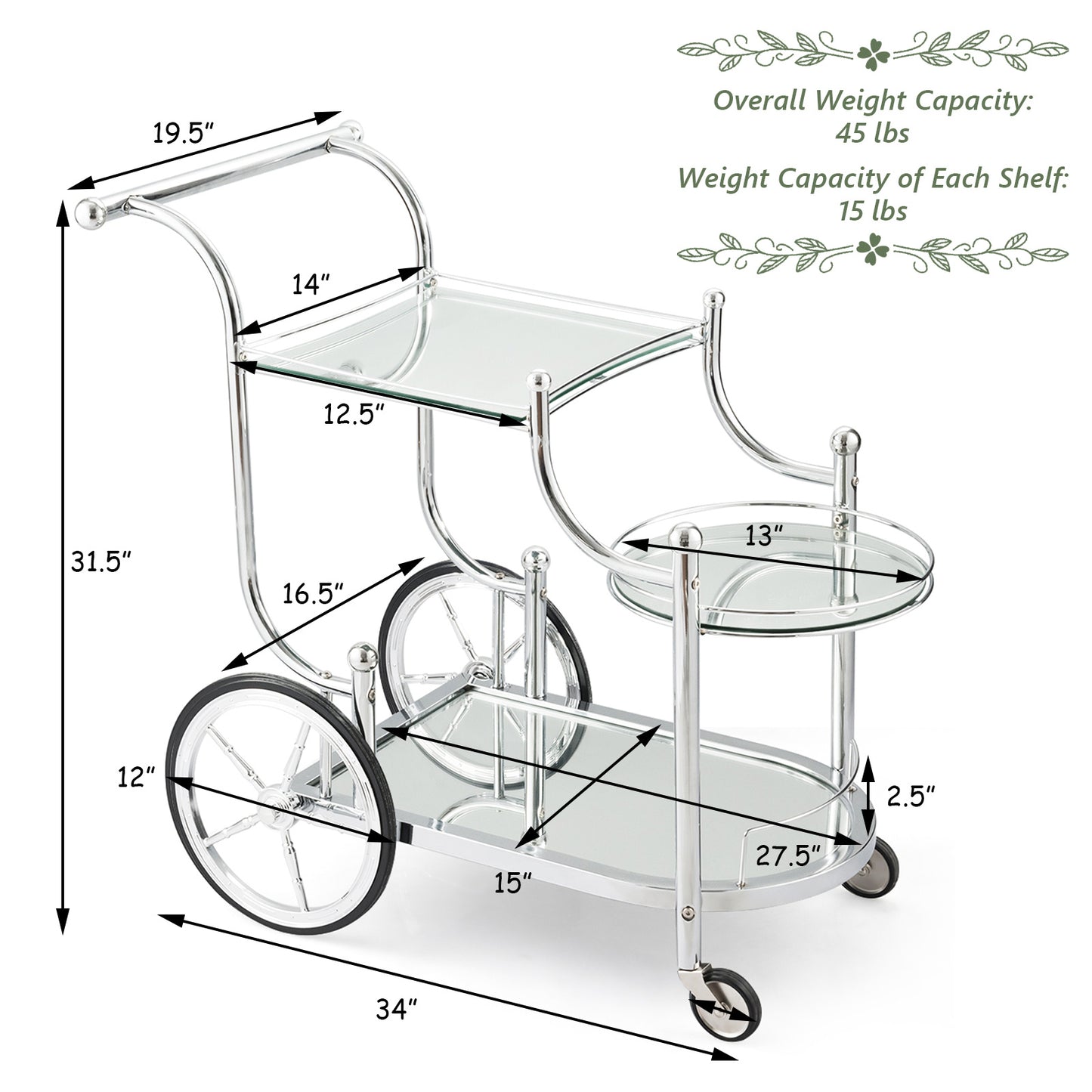 Costway Glass Storage Cart, Kitchen Trolley Cart, Utility Cart w\u002F 3-tier Shelf, Rolling Serving Cart w\u002F Directional Wheels & Universal Wheels,