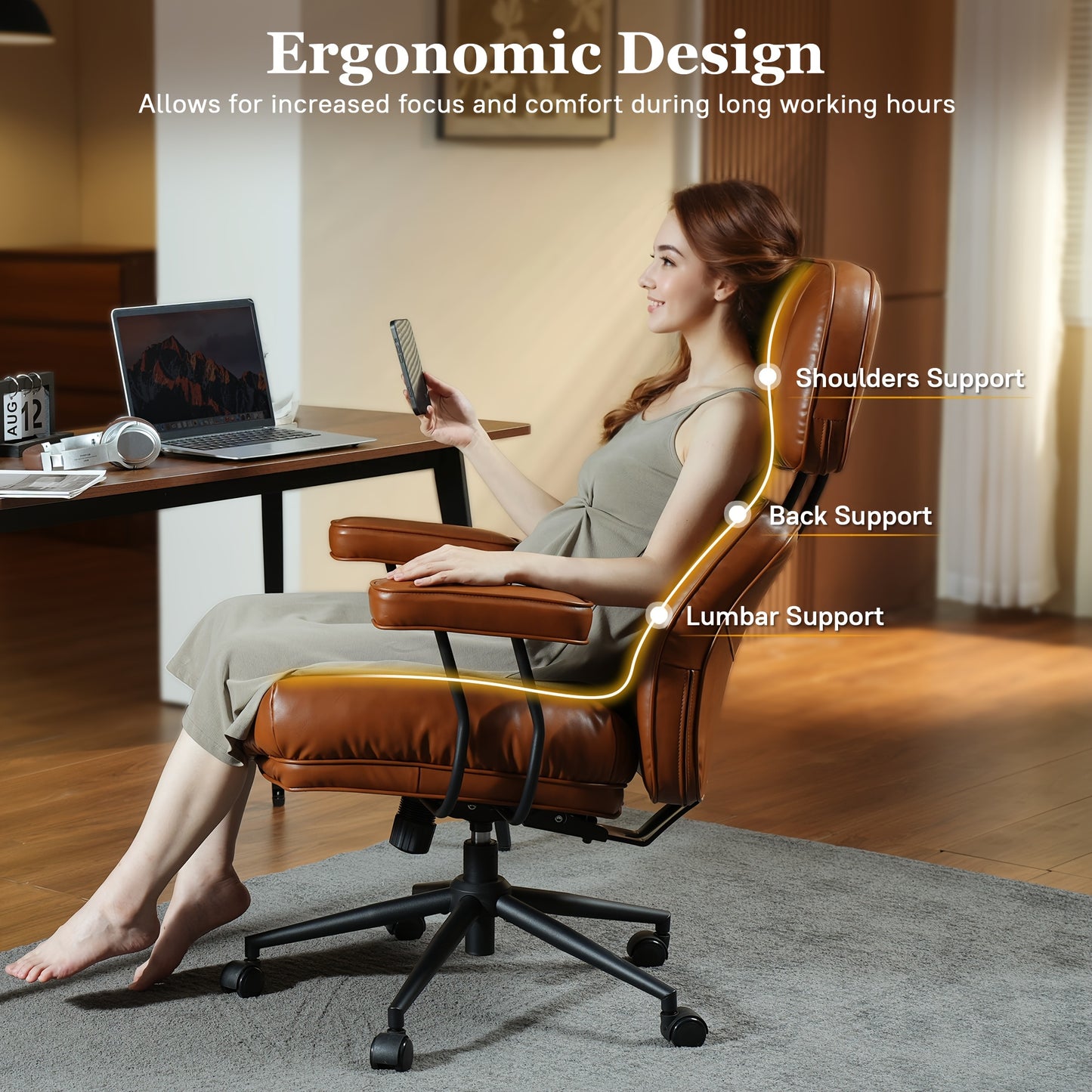 Modern Adjustable Executive Office Chair - High Back Faux Leather Desk Chair with Padded Armrests, Lumbar Support & Ergonomic Design for Home or Office Use,