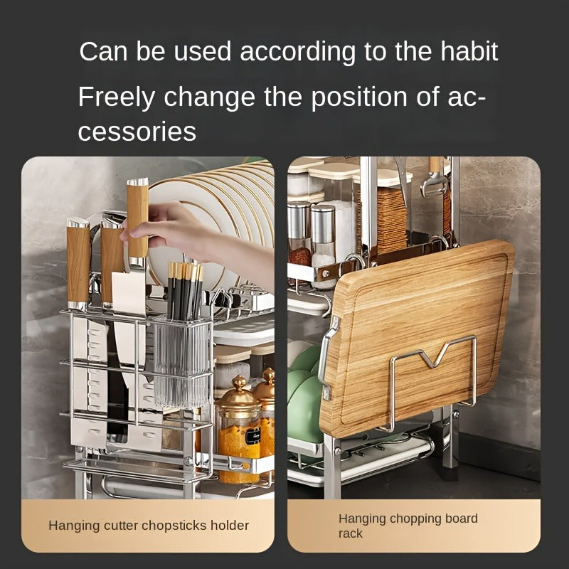 Space-Saving Dish Rack 2-Tier Stainless Steel Kitchen Dish Rack | Space-Saving Countertop Storage for Plates, Bowls, Cutlery & Utensils, Includes 2 Plates,