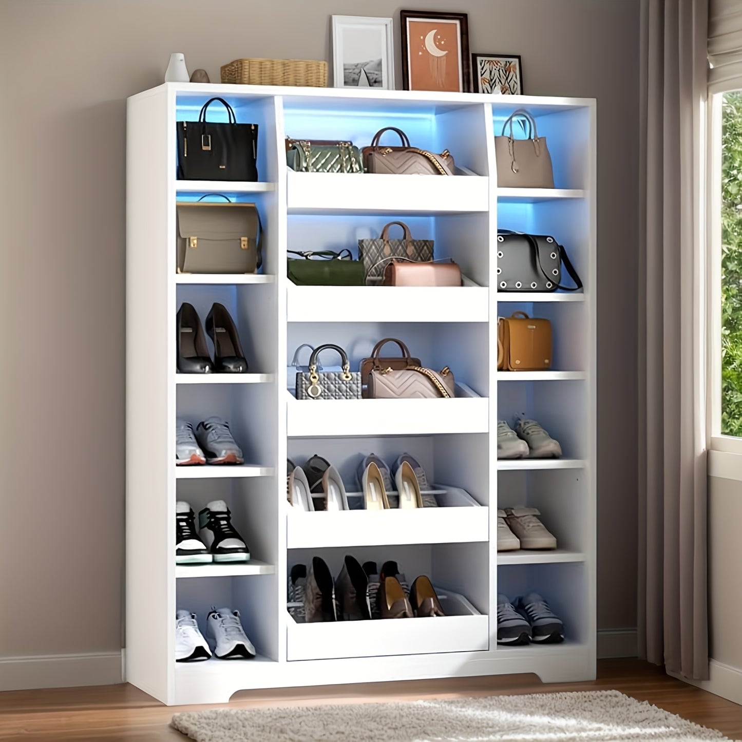 Shoe Storage Cabinet With 5 Drawers & 12 Shelves, Modern LED Shoe Rack & Handbag Storage Cabinet, Space-Saving, Freestanding Shoes And Handbag Storage