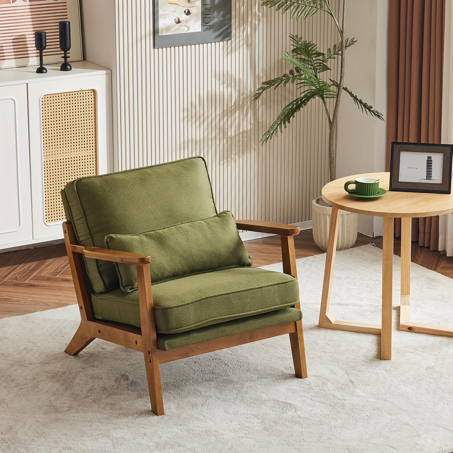 Wide Armrest Armchair Mid-CenturyLounge Chair Accent Chair with Lumbar Pillow & Solid WoodFrame for Living Room, Bedroom, Balcony