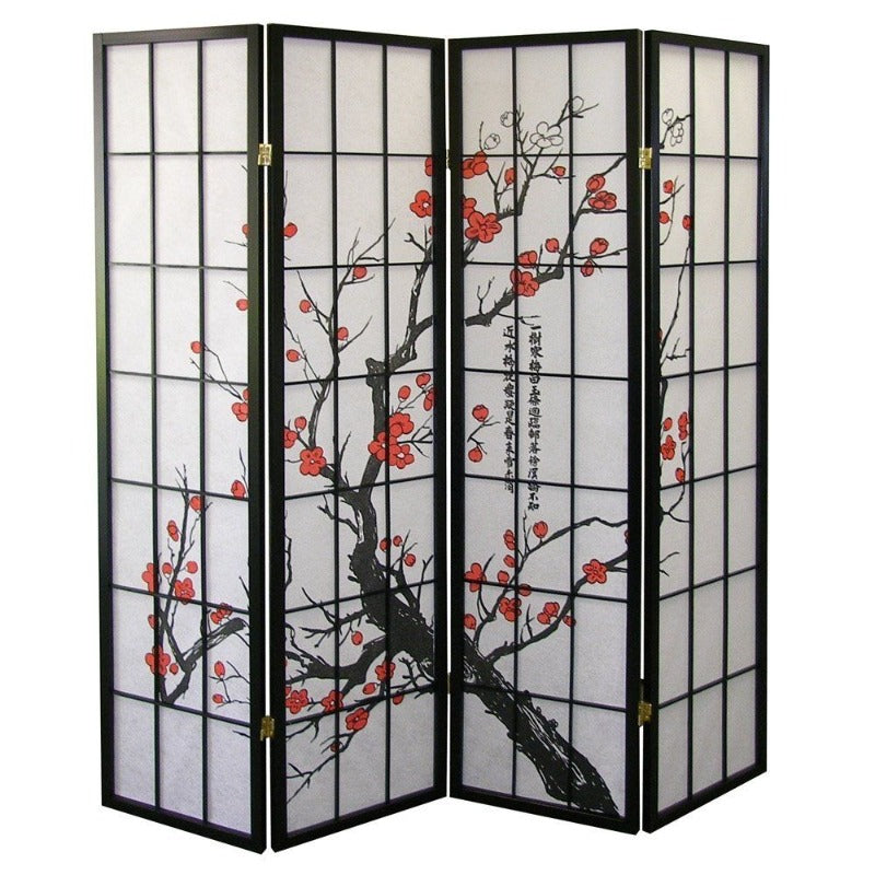 Room Divider, Folding Screen, Privacy Screen, Japanese Style 4-Panel Partition with Plum Blossom Design, Decorative Room Divider for Bedroom, Living Room,