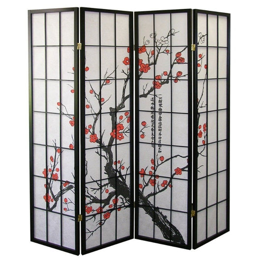 Room Divider, Folding Screen, Privacy Screen, Japanese Style 4-Panel Partition with Plum Blossom Design, Decorative Room Divider for Bedroom, Living Room,