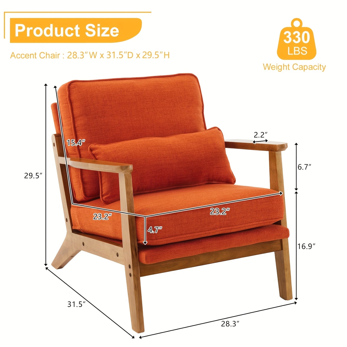 Wide Armrest Armchair Mid-CenturyLounge Chair Accent Chair with Lumbar Pillow & Solid WoodFrame for Living Room, Bedroom, Balcony