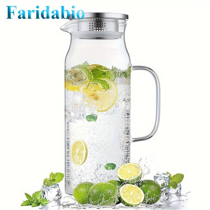 Faridabio 50.72oz Heat-Resistant High Borosilicate Glass Pitcher with Stainless Steel Lid - Perfect for Iced Tea, Cold Drinks & Juice - Easy to Use, Cold Beverage Maker,