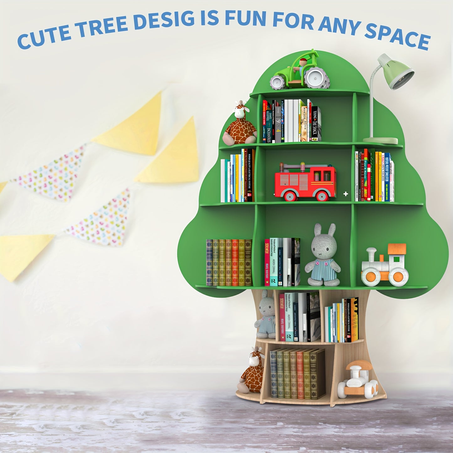 Tree Bookshelf, Wood Bookcase, 16-Cubby Storage Organizer Book Shelf for Bedroom, Living Room, Classroom, Boy Girl's Gift (Green Tree)