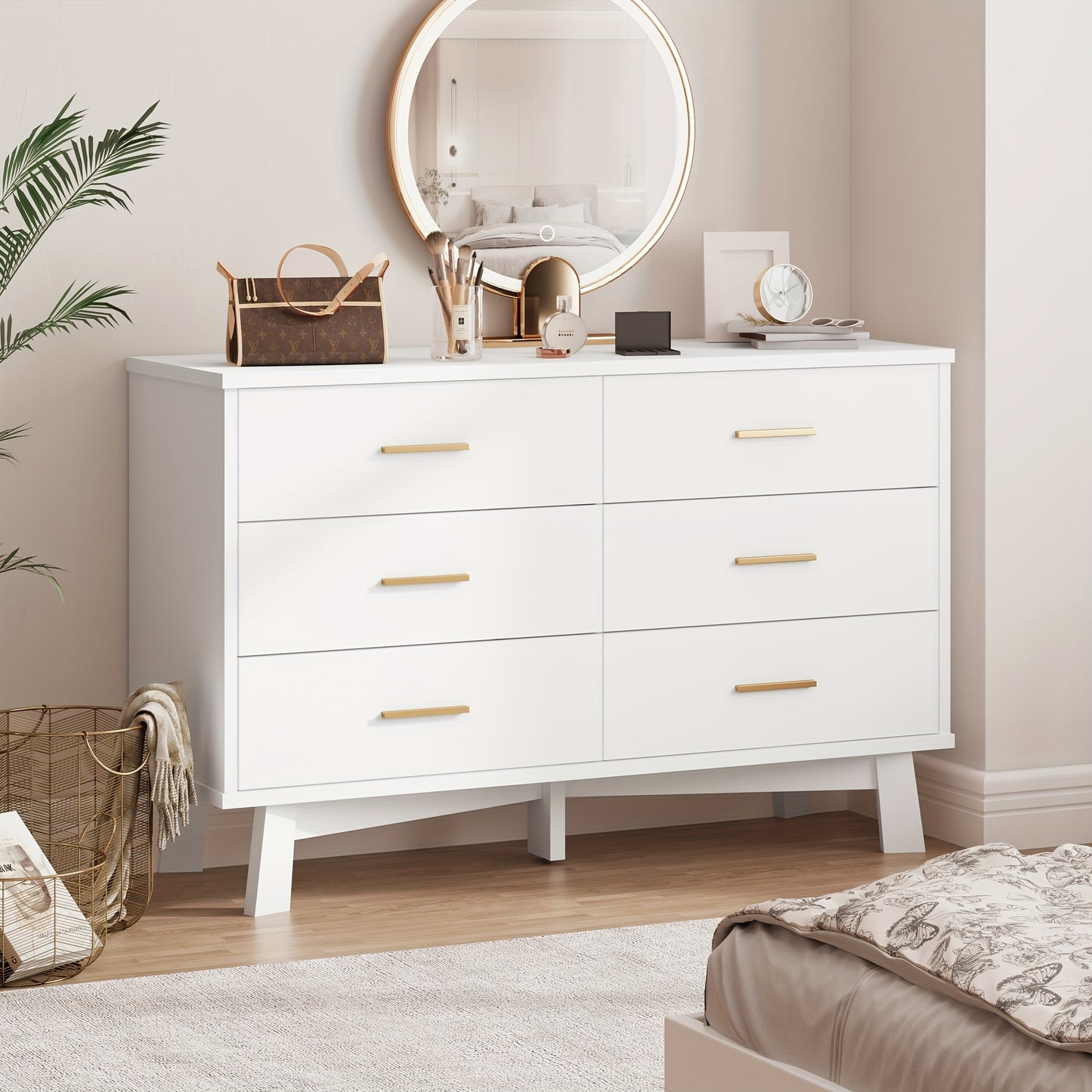 Wood Double Dresser 6 Drawer Double Dresser - Wood Chest of Drawers for Bedroom, Living Room, Hallway - TV Stand Storage Cabinet