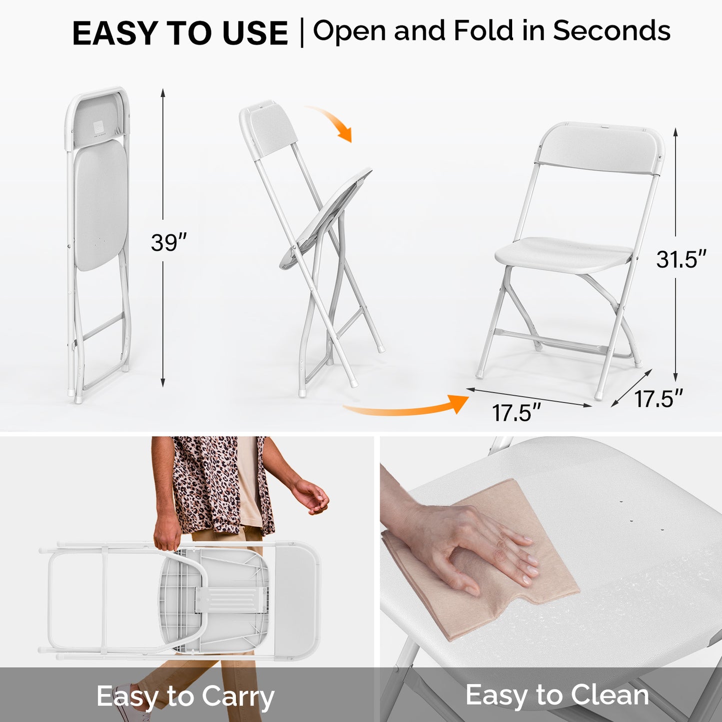 Plastic Folding Chair Indoor Outdoor Portable Stackable Commercial Seat with Steel Frame 350lb Capacity for Events Office Wedding Party Picnic Kitchen Dining