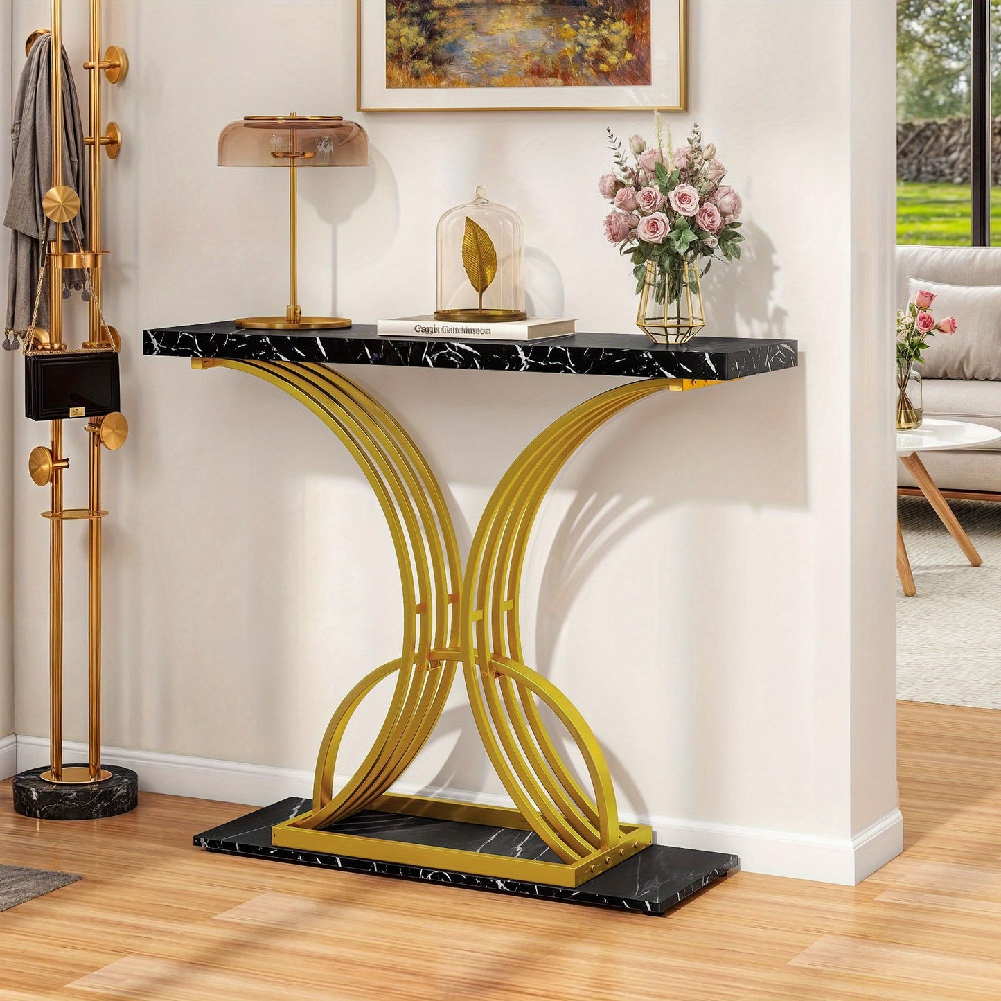 Roadrix Luxurious Golden Console Table, 40-Inch Modern Entryway Narrow Sofa Table, Faux Marble White\u002FBlack Top,