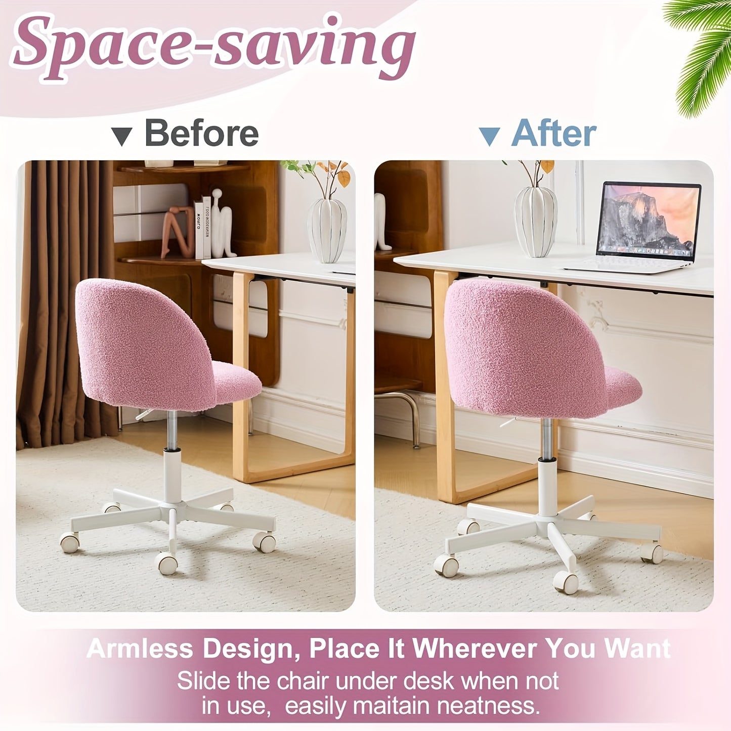 Comfy LEADZM Teddy Adjustable Rolling Swivel Candy Chair - Armless Desk Chair with Lumbar Support and Wheels - Gentle Pink Vanity Chair for Home Office, Bedroom