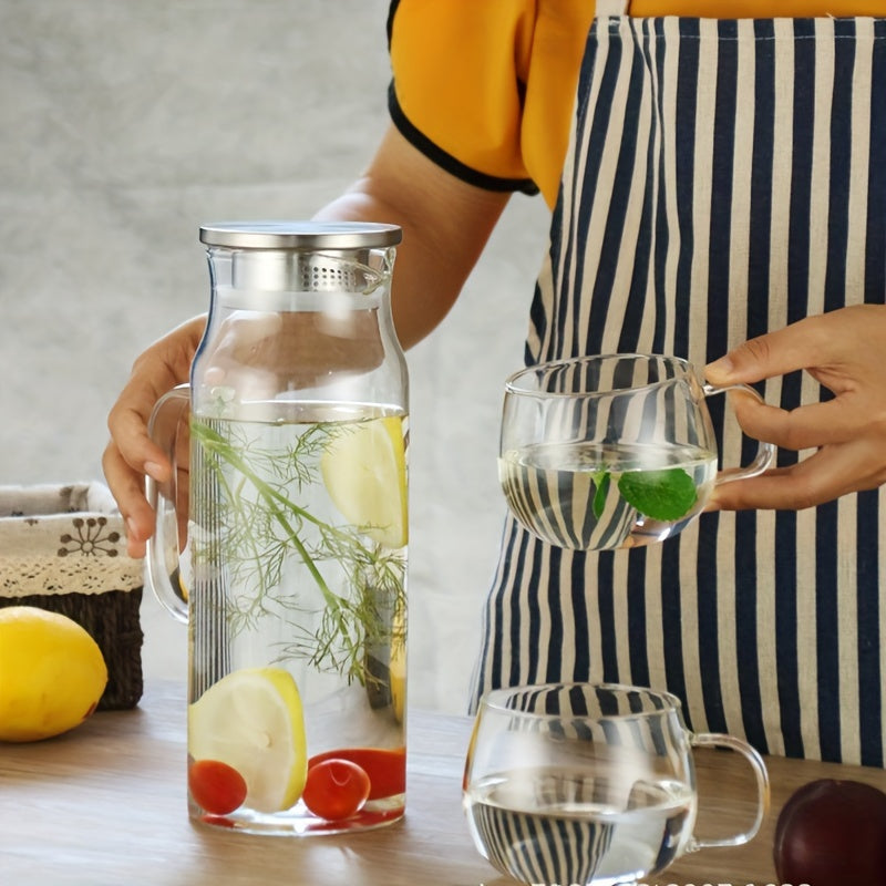 Faridabio 50.72oz Heat-Resistant High Borosilicate Glass Pitcher with Stainless Steel Lid - Perfect for Iced Tea, Cold Drinks & Juice - Easy to Use, Cold Beverage Maker,