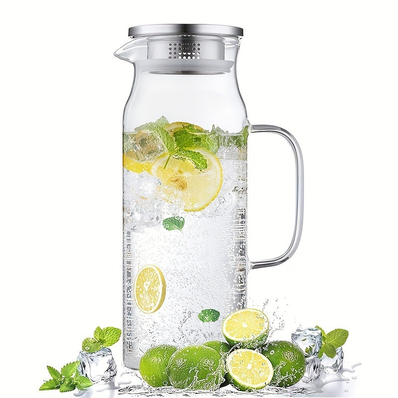 Faridabio 50.72oz Heat-Resistant High Borosilicate Glass Pitcher with Stainless Steel Lid - Perfect for Iced Tea, Cold Drinks & Juice - Easy to Use, Cold Beverage Maker,