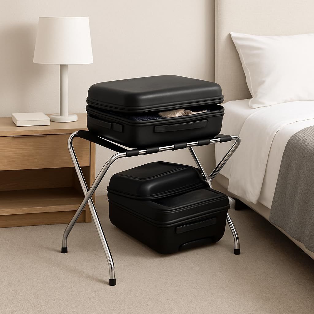 Folding Luggage Rack, Single Tier Metal Stand with Nylon Straps, Chrome Finish with Rubber Feet, Pack of 10