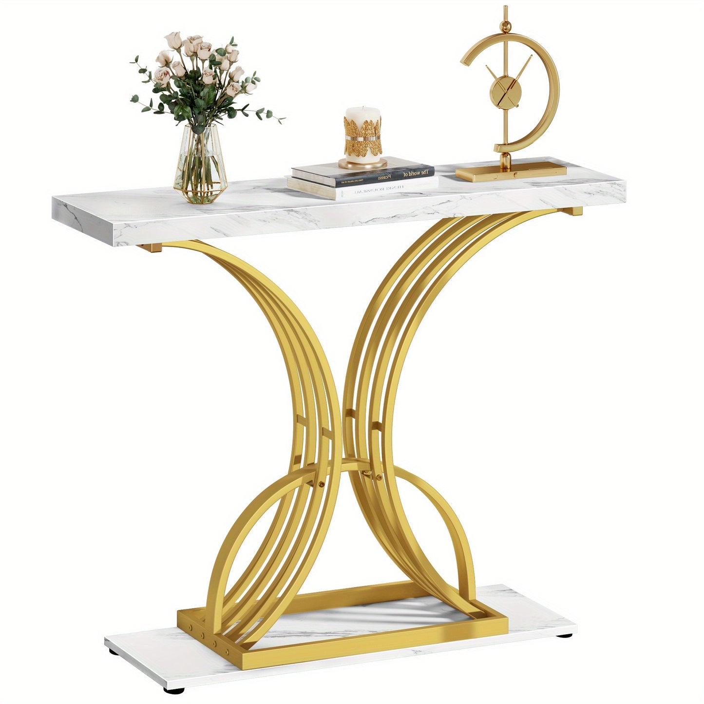 Roadrix Luxurious Golden Console Table, 40-Inch Modern Entryway Narrow Sofa Table, Faux Marble White\u002FBlack Top,