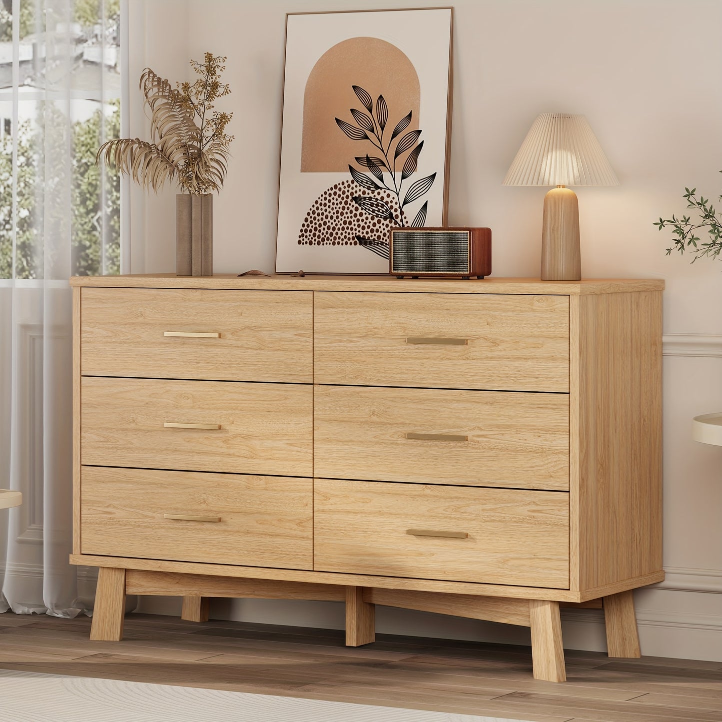 Wood Double Dresser 6 Drawer Double Dresser - Wood Chest of Drawers for Bedroom, Living Room, Hallway - TV Stand Storage Cabinet