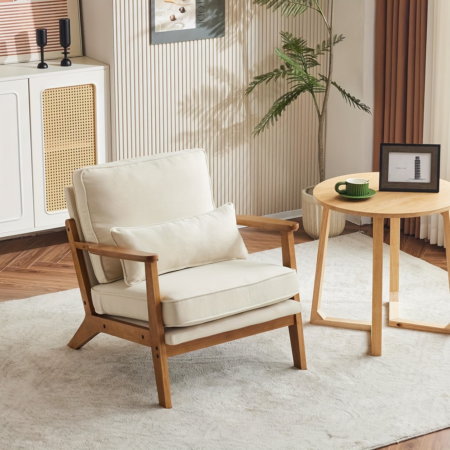 Wide Armrest Armchair Mid-CenturyLounge Chair Accent Chair with Lumbar Pillow & Solid WoodFrame for Living Room, Bedroom, Balcony