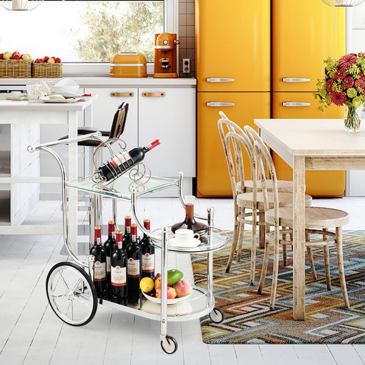 Costway Glass Storage Cart, Kitchen Trolley Cart, Utility Cart w\u002F 3-tier Shelf, Rolling Serving Cart w\u002F Directional Wheels & Universal Wheels,