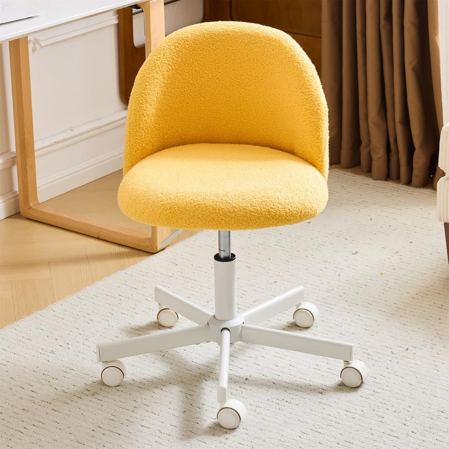 Comfy LEADZM Teddy Adjustable Rolling Swivel Candy Chair - Armless Desk Chair with Lumbar Support and Wheels - Gentle Pink Vanity Chair for Home Office, Bedroom
