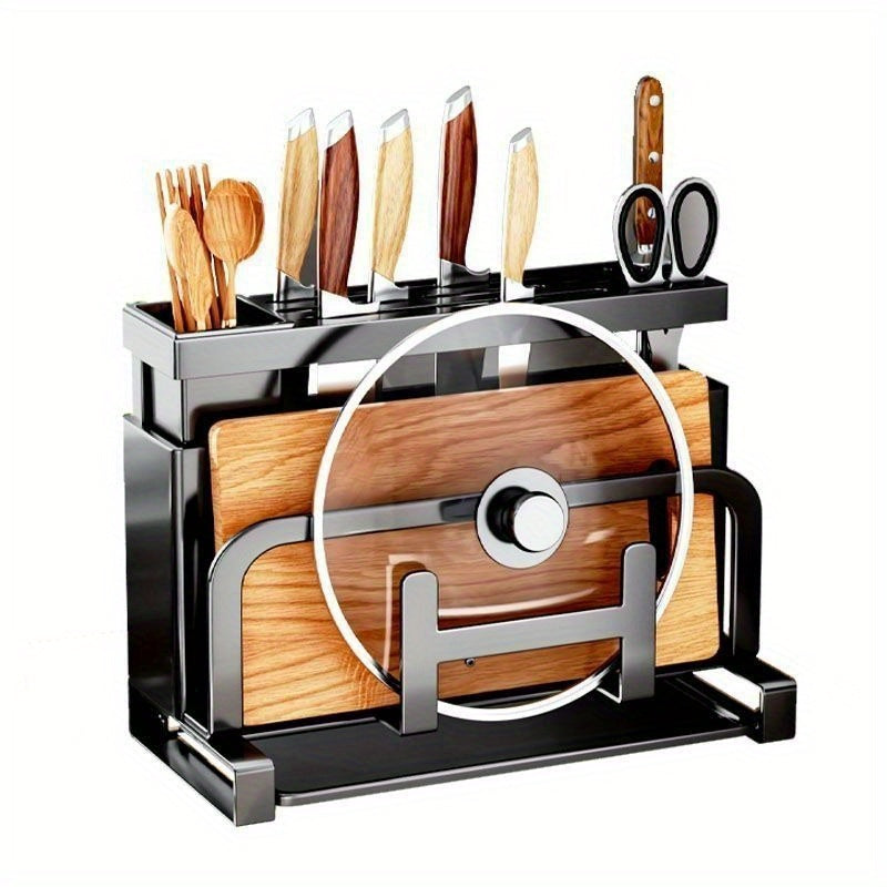 Stainless Steel Kitchen Organizer - Multi-Functional Storage Rack for Knives, Chopsticks, Cutting Boards & Pot Lids