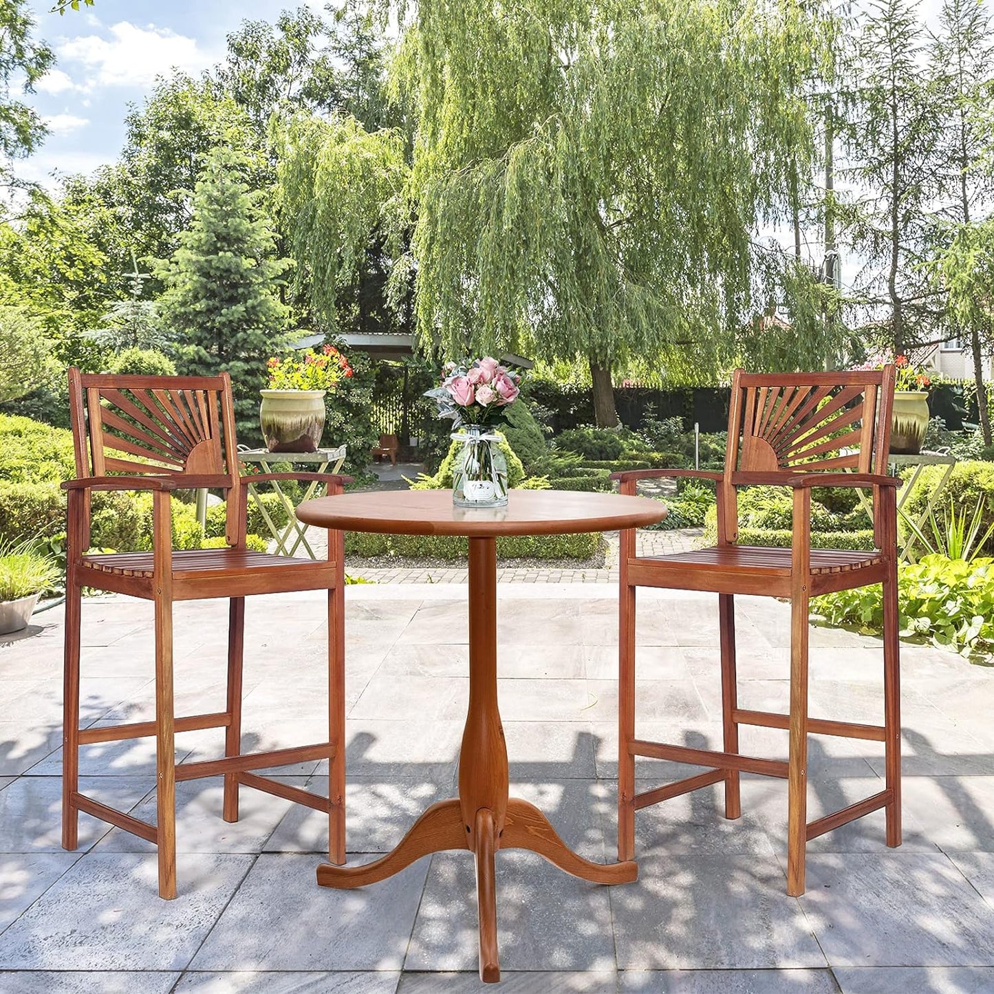Costway Bar Stools Set of 2\u002FSet of 4, Outdoor Acacia Wood Bar Chairs with Sunflower Backrest, Curved Armrests & Breathable Seat, Ideal for Balcony, Sunroom,