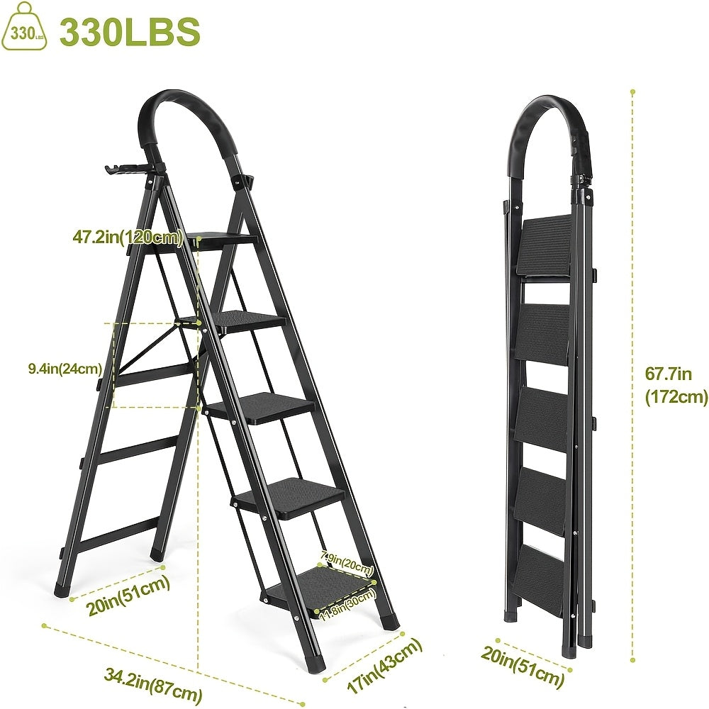 3-Step Ladder Lightweight Folding Step Stools for Adults with Anti-Slip Pedals, Sturdy Steel Construction & Handrails, 330 lbs Capacity, Portable for Kitchen,