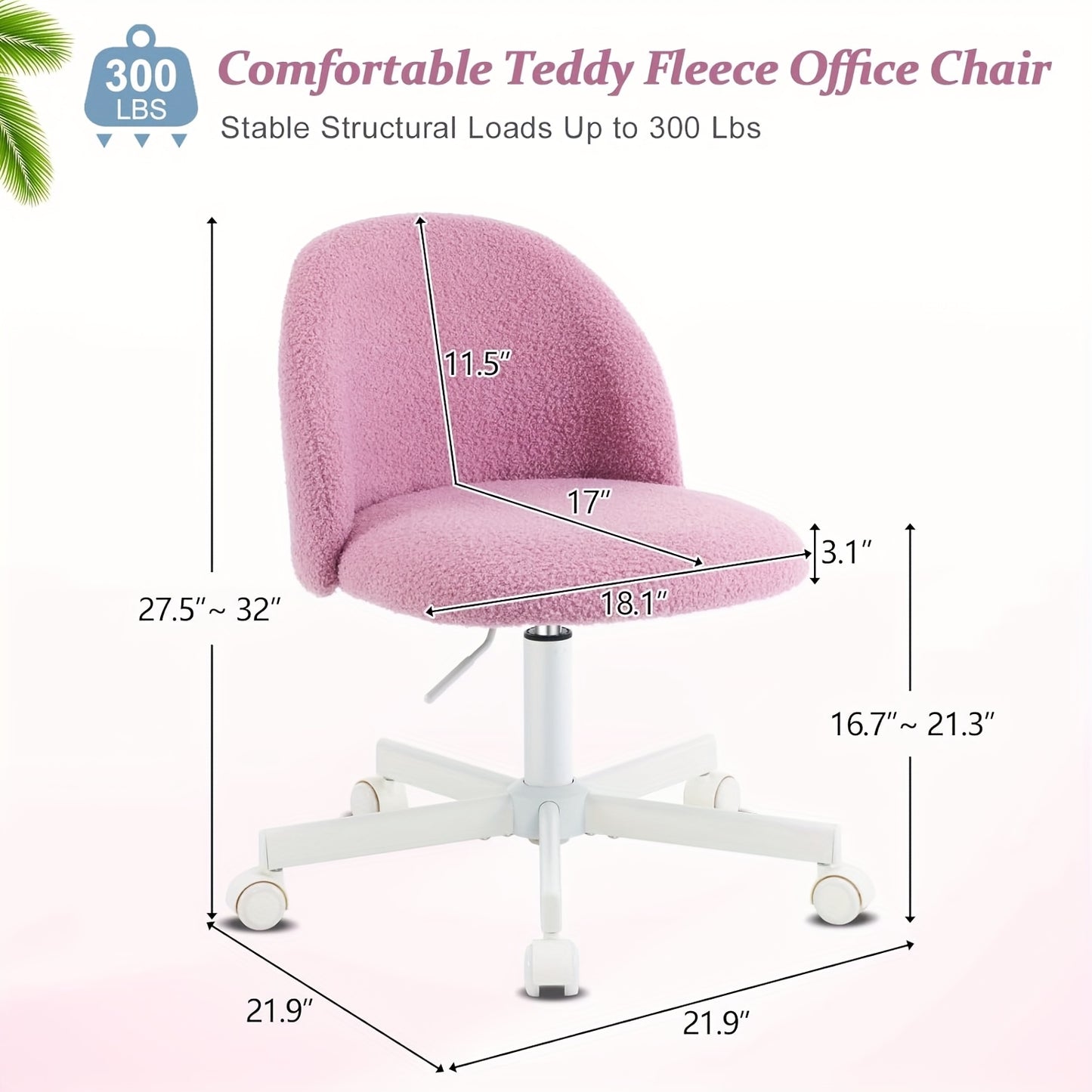 Comfy LEADZM Teddy Adjustable Rolling Swivel Candy Chair - Armless Desk Chair with Lumbar Support and Wheels - Gentle Pink Vanity Chair for Home Office, Bedroom