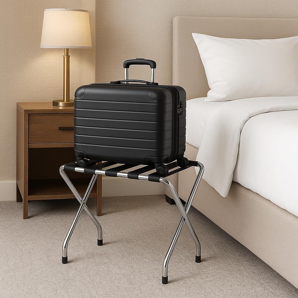 Folding Luggage Rack, Single Tier Metal Stand with Nylon Straps, Chrome Finish with Rubber Feet, Pack of 10