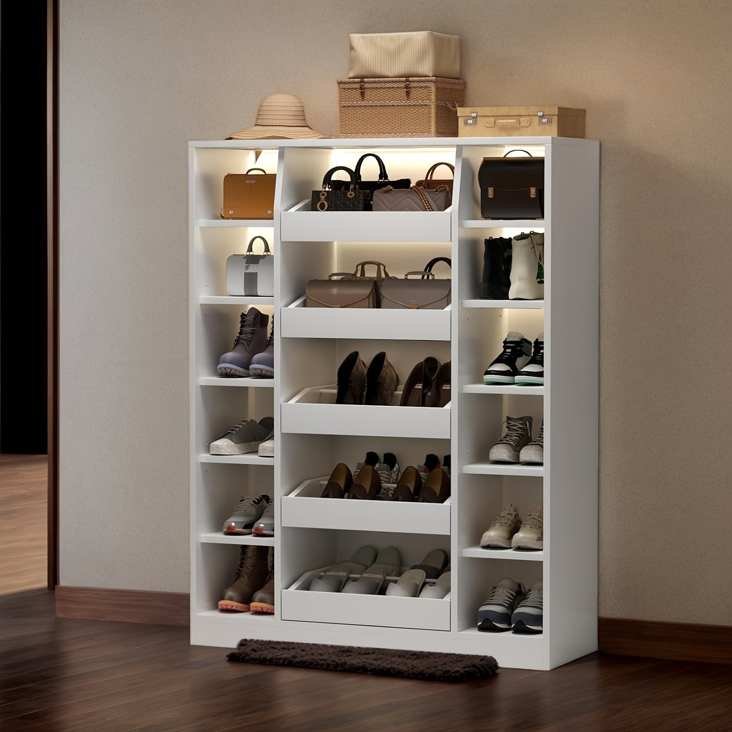 Shoe Storage Cabinet With 5 Drawers & 12 Shelves, Modern LED Shoe Rack & Handbag Storage Cabinet, Space-Saving, Freestanding Shoes And Handbag Storage