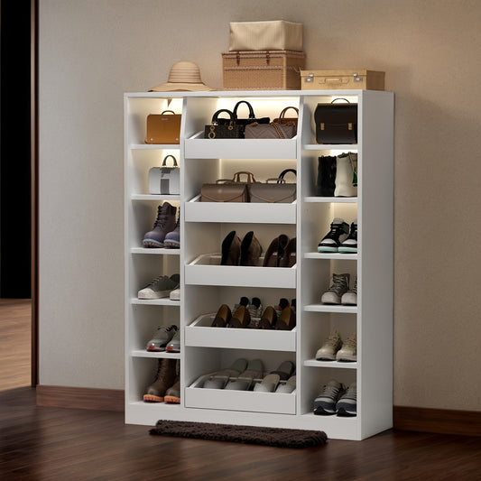 Shoe Storage Cabinet With 5 Drawers & 12 Shelves, Modern LED Shoe Rack & Handbag Storage Cabinet, Space-Saving, Freestanding Shoes And Handbag Storage