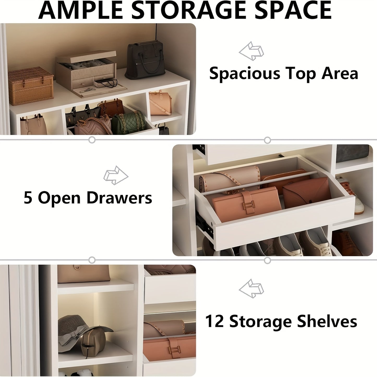 Shoe Storage Cabinet With 5 Drawers & 12 Shelves, Modern LED Shoe Rack & Handbag Storage Cabinet, Space-Saving, Freestanding Shoes And Handbag Storage