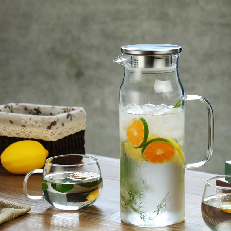 Faridabio 50.72oz Heat-Resistant High Borosilicate Glass Pitcher with Stainless Steel Lid - Perfect for Iced Tea, Cold Drinks & Juice - Easy to Use, Cold Beverage Maker,