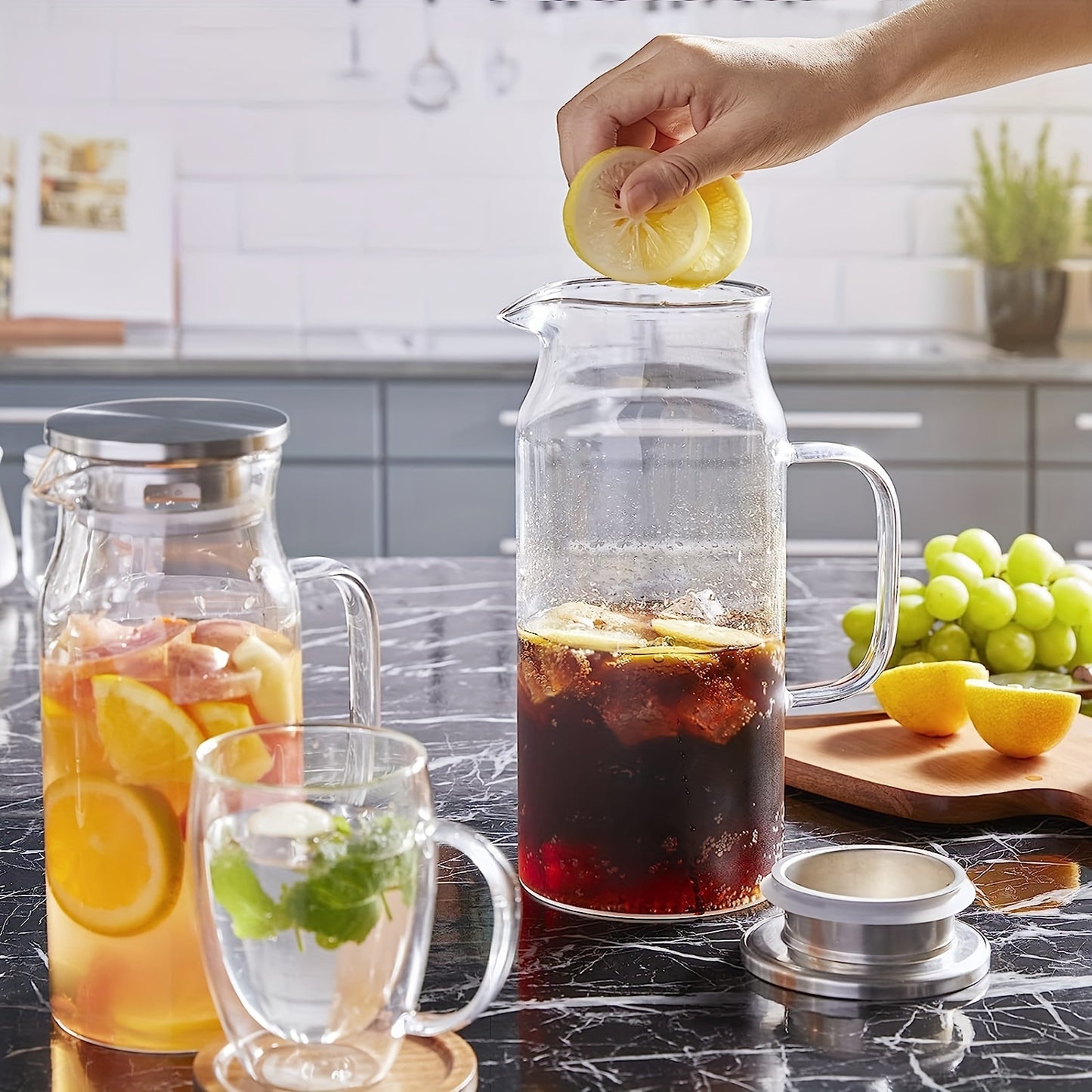 Faridabio 50.72oz Heat-Resistant High Borosilicate Glass Pitcher with Stainless Steel Lid - Perfect for Iced Tea, Cold Drinks & Juice - Easy to Use, Cold Beverage Maker,