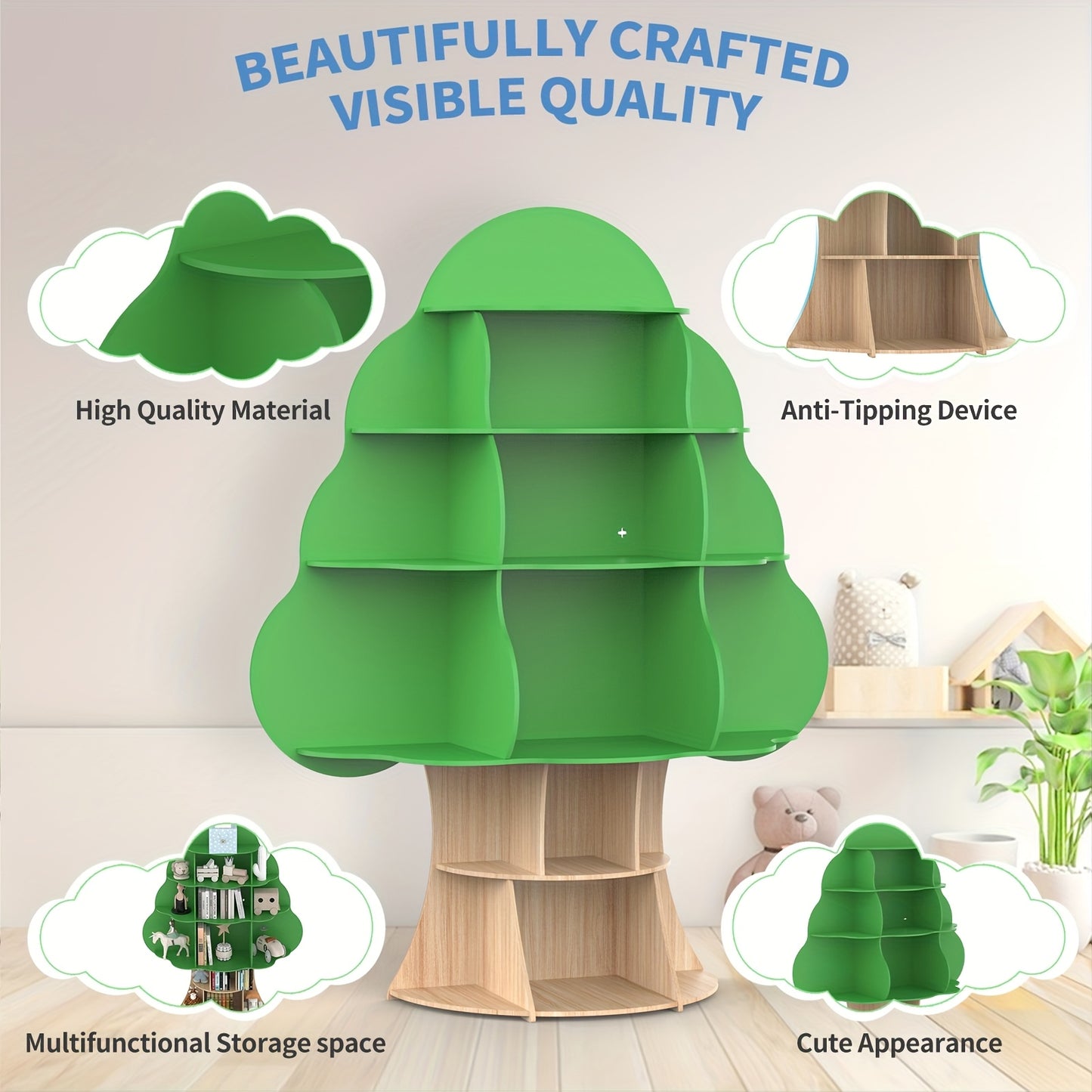 Tree Bookshelf, Wood Bookcase, 16-Cubby Storage Organizer Book Shelf for Bedroom, Living Room, Classroom, Boy Girl's Gift (Green Tree)