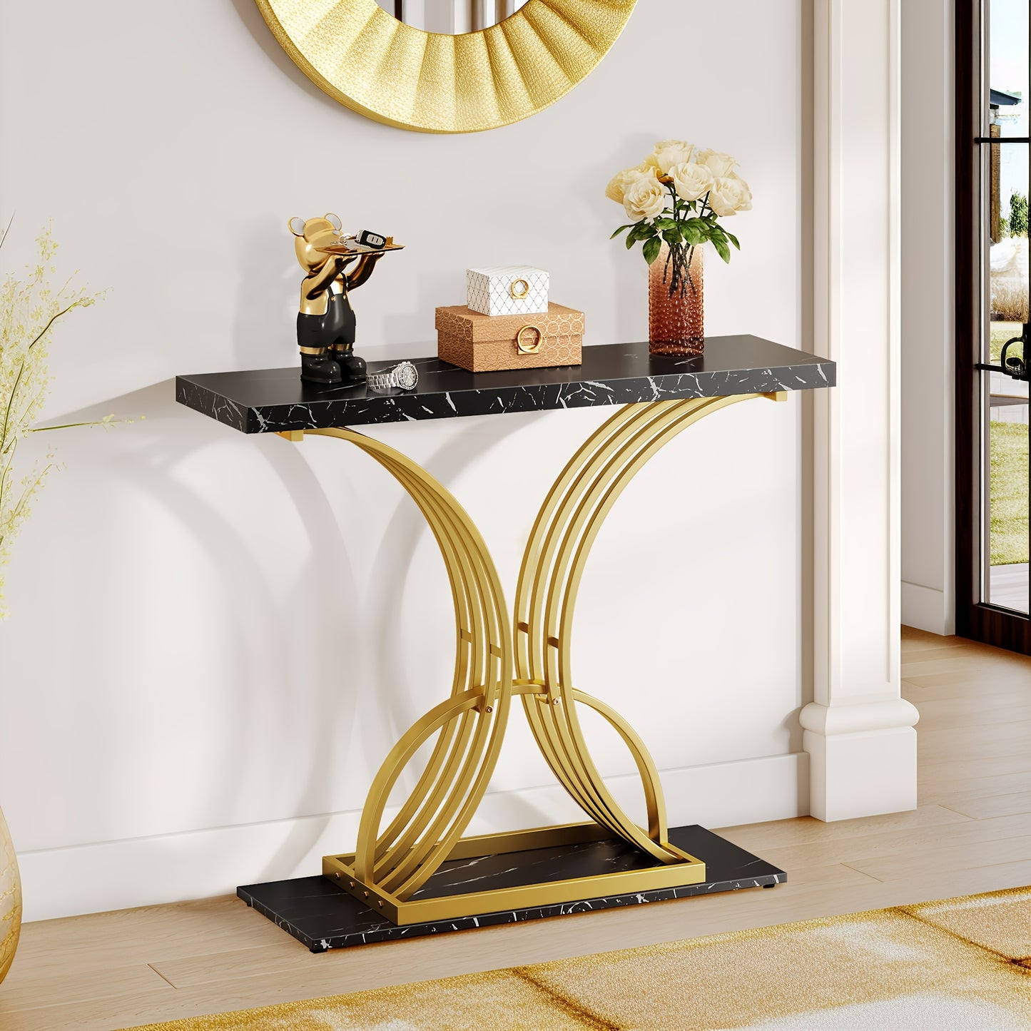 Roadrix Luxurious Golden Console Table, 40-Inch Modern Entryway Narrow Sofa Table, Faux Marble White\u002FBlack Top,