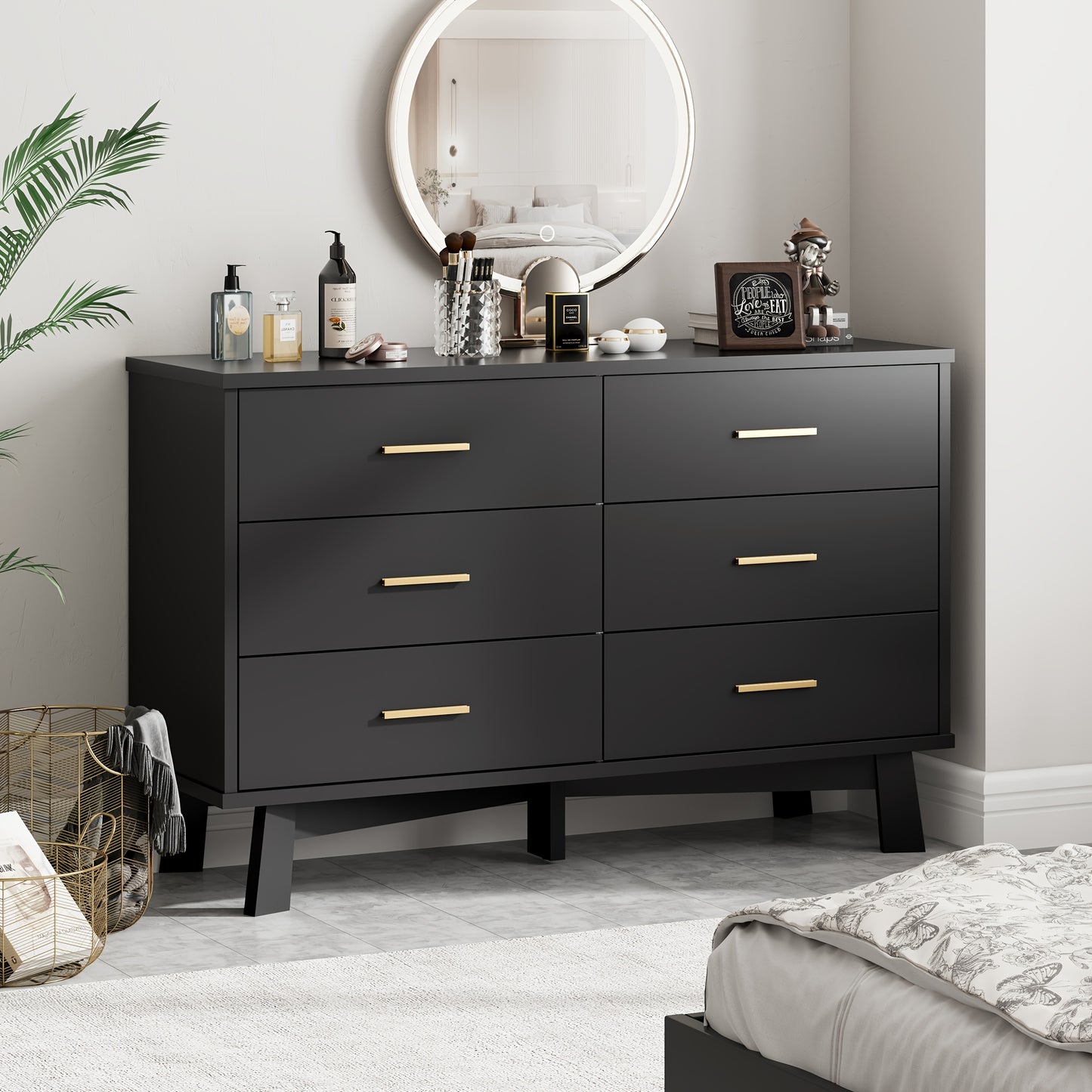 Wood Double Dresser 6 Drawer Double Dresser - Wood Chest of Drawers for Bedroom, Living Room, Hallway - TV Stand Storage Cabinet