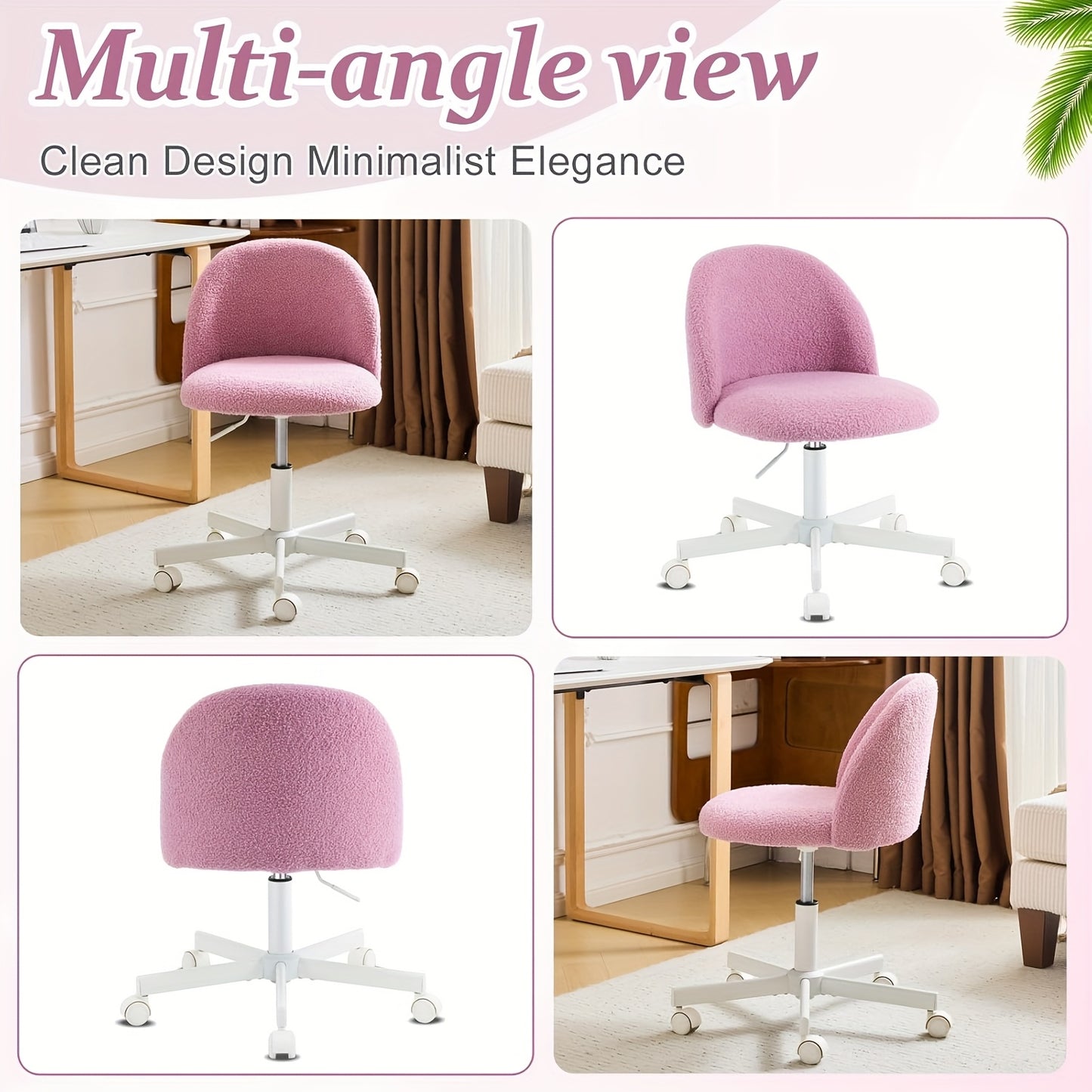 Comfy LEADZM Teddy Adjustable Rolling Swivel Candy Chair - Armless Desk Chair with Lumbar Support and Wheels - Gentle Pink Vanity Chair for Home Office, Bedroom