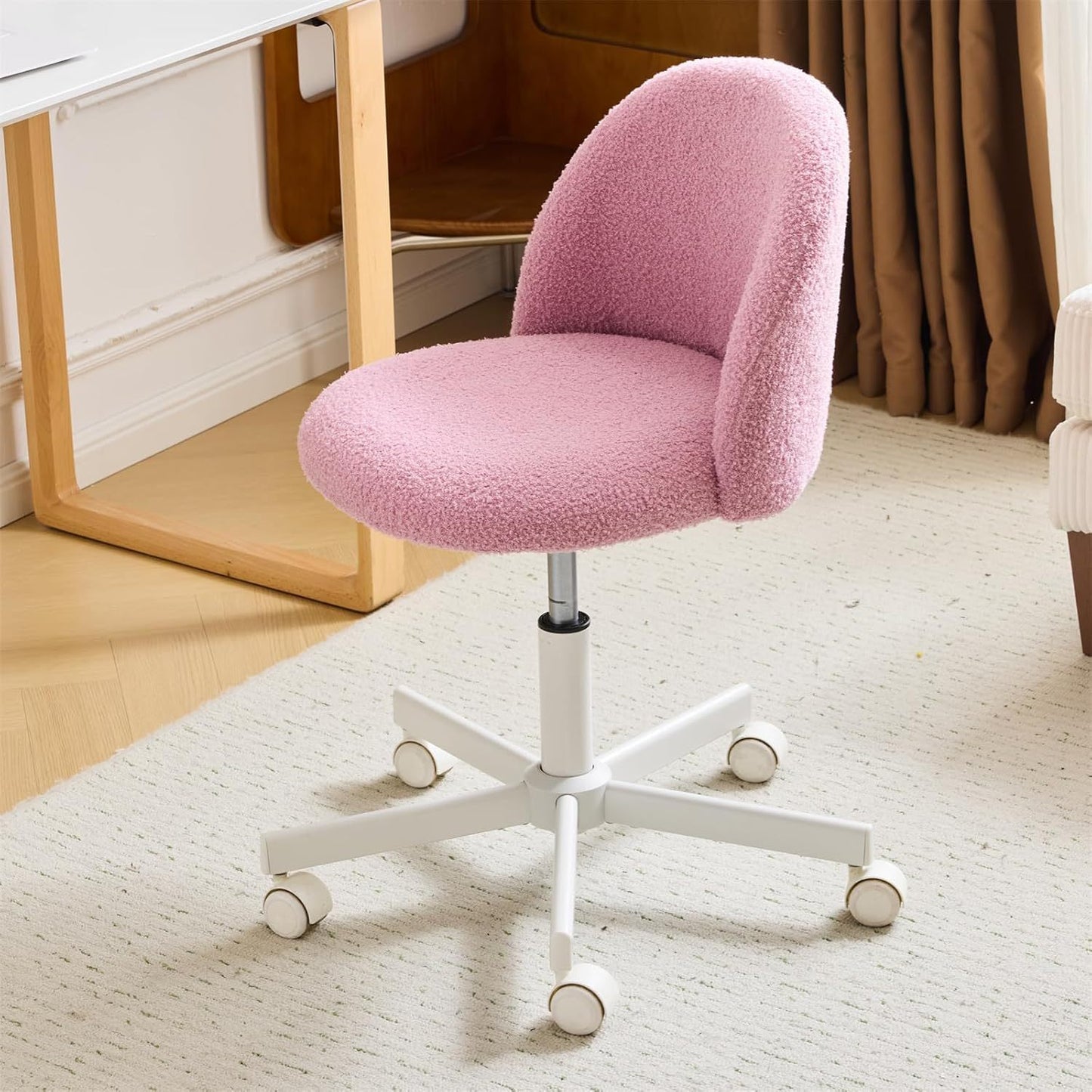 Comfy LEADZM Teddy Adjustable Rolling Swivel Candy Chair - Armless Desk Chair with Lumbar Support and Wheels - Gentle Pink Vanity Chair for Home Office, Bedroom