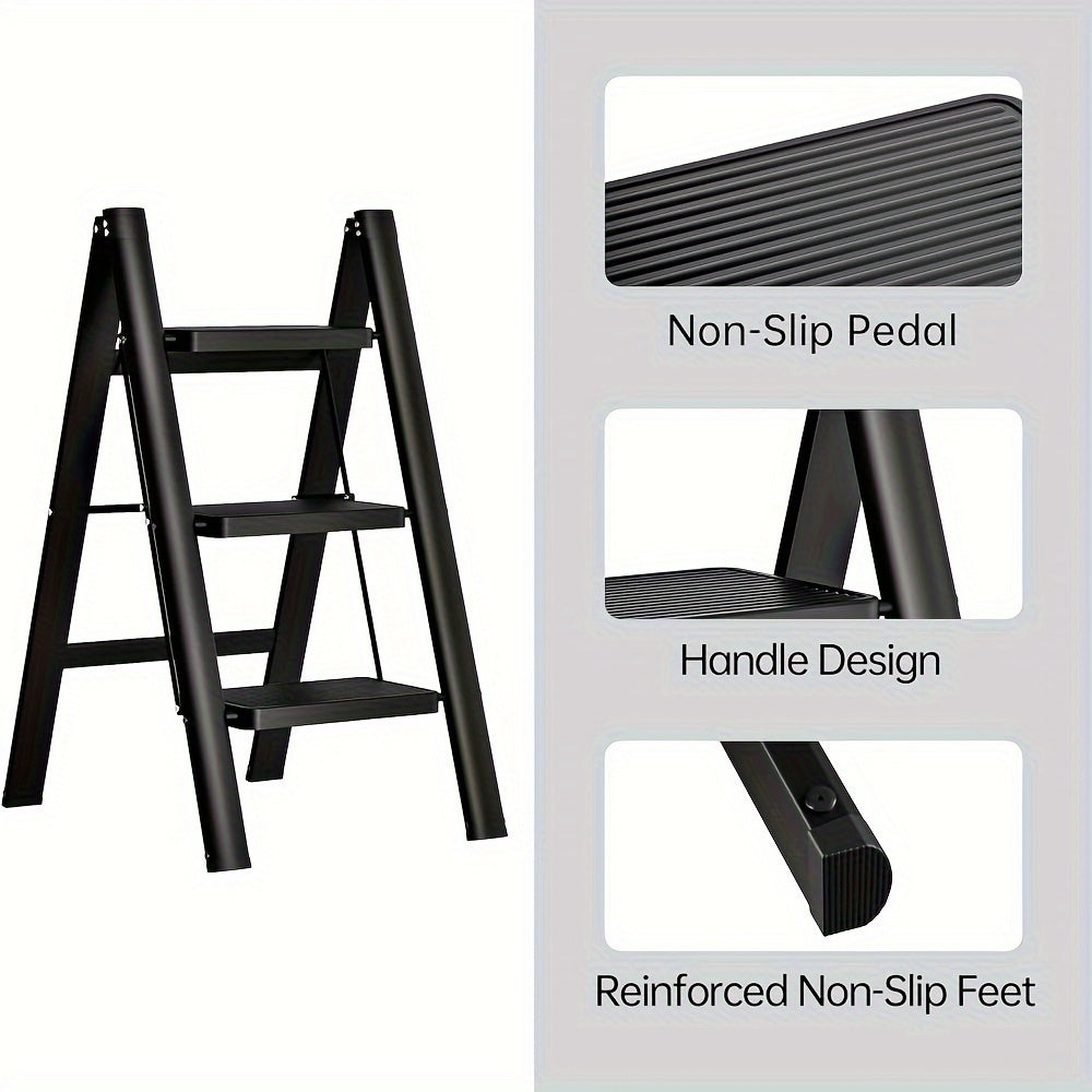 3-Step Ladder Lightweight Folding Step Stools for Adults with Anti-Slip Pedals, Sturdy Steel Construction & Handrails, 330 lbs Capacity, Portable for Kitchen,