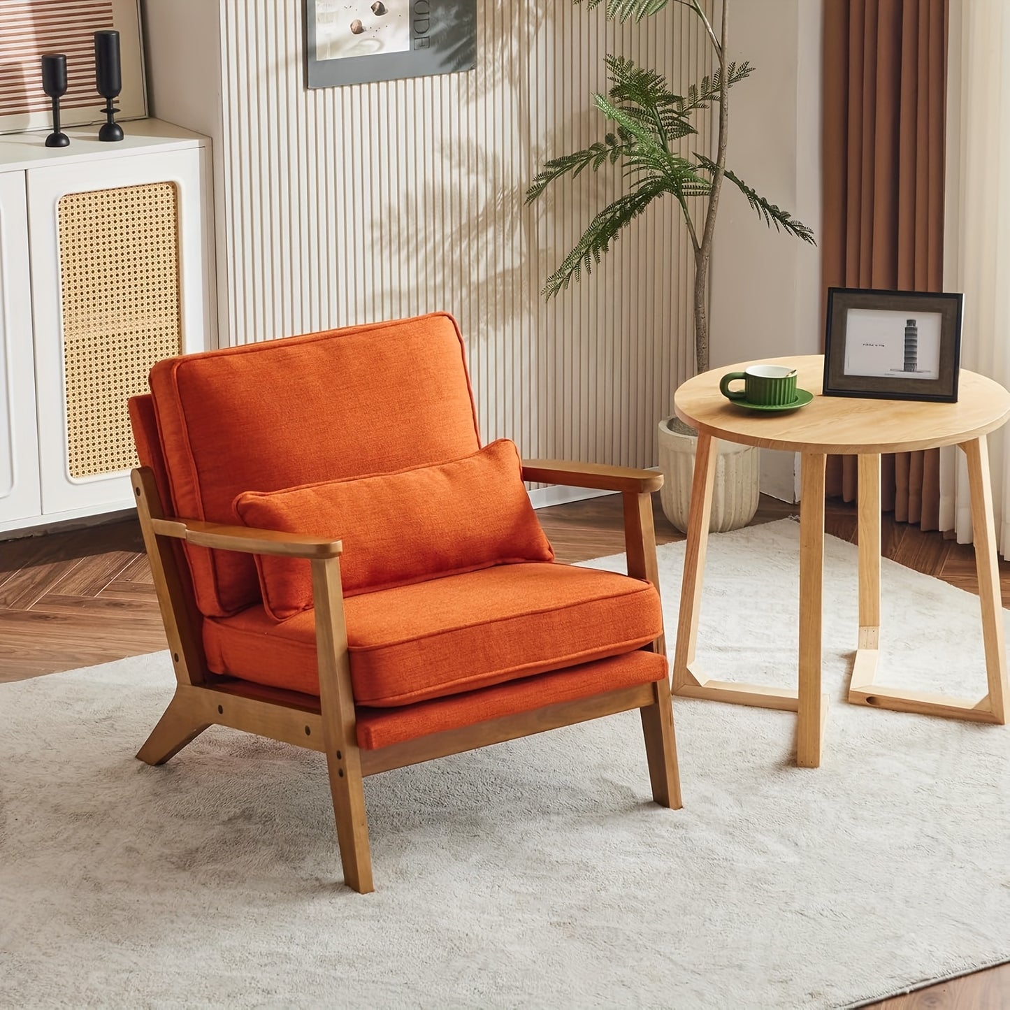 Wide Armrest Armchair Mid-CenturyLounge Chair Accent Chair with Lumbar Pillow & Solid WoodFrame for Living Room, Bedroom, Balcony