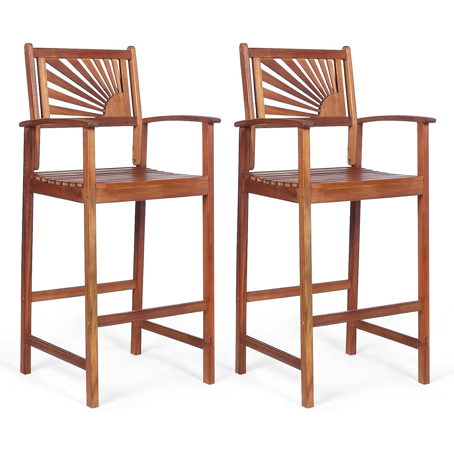 Costway Bar Stools Set of 2\u002FSet of 4, Outdoor Acacia Wood Bar Chairs with Sunflower Backrest, Curved Armrests & Breathable Seat, Ideal for Balcony, Sunroom,