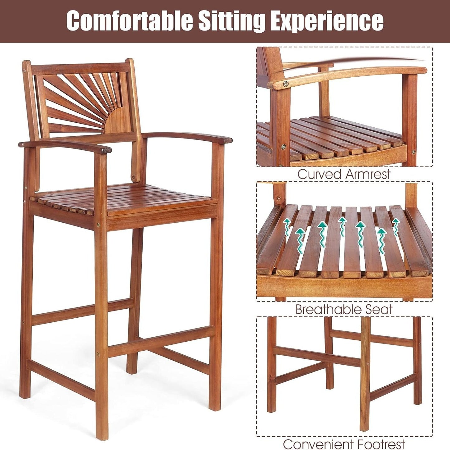 Costway Bar Stools Set of 2\u002FSet of 4, Outdoor Acacia Wood Bar Chairs with Sunflower Backrest, Curved Armrests & Breathable Seat, Ideal for Balcony, Sunroom,