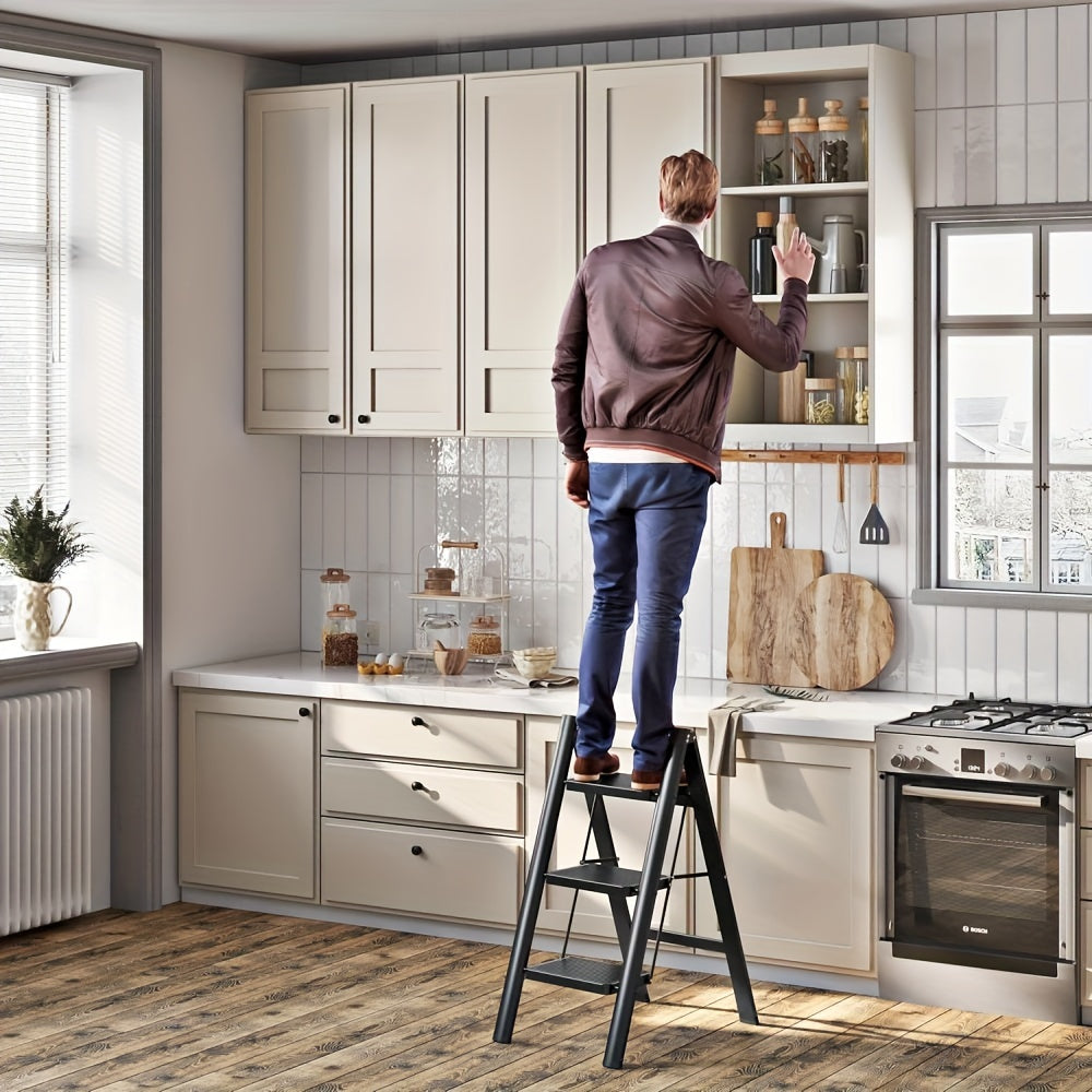 3-Step Ladder Lightweight Folding Step Stools for Adults with Anti-Slip Pedals, Sturdy Steel Construction & Handrails, 330 lbs Capacity, Portable for Kitchen,