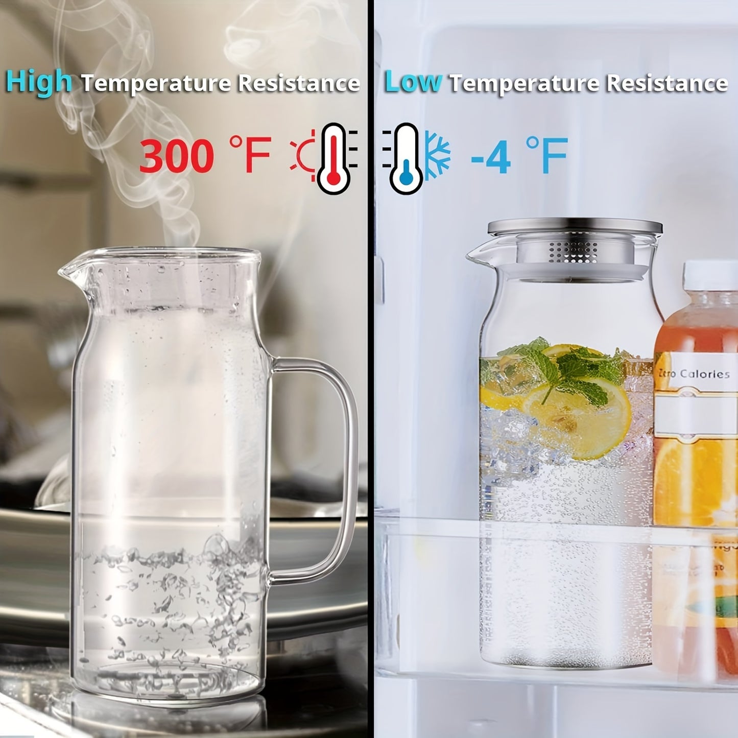 Faridabio 50.72oz Heat-Resistant High Borosilicate Glass Pitcher with Stainless Steel Lid - Perfect for Iced Tea, Cold Drinks & Juice - Easy to Use, Cold Beverage Maker,