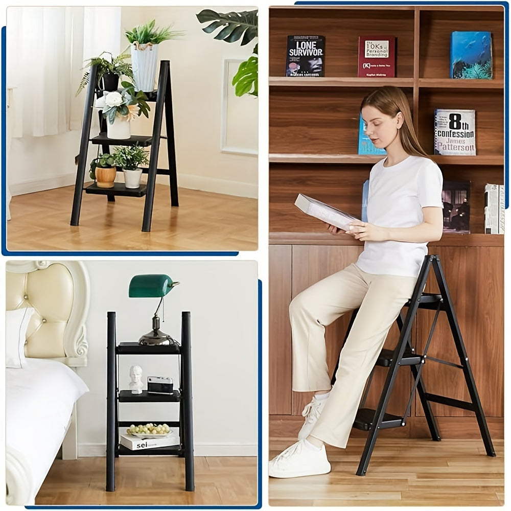 3-Step Ladder Lightweight Folding Step Stools for Adults with Anti-Slip Pedals, Sturdy Steel Construction & Handrails, 330 lbs Capacity, Portable for Kitchen,