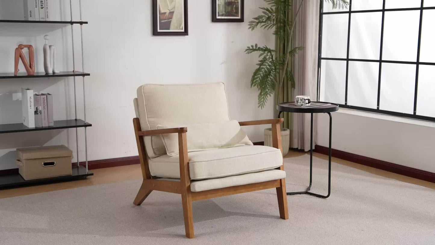 Wide Armrest Armchair Mid-CenturyLounge Chair Accent Chair with Lumbar Pillow & Solid WoodFrame for Living Room, Bedroom, Balcony