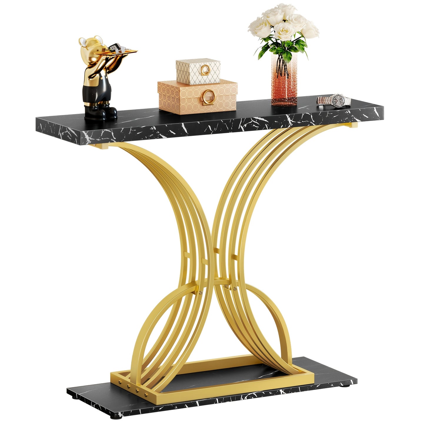 Roadrix Luxurious Golden Console Table, 40-Inch Modern Entryway Narrow Sofa Table, Faux Marble White\u002FBlack Top,
