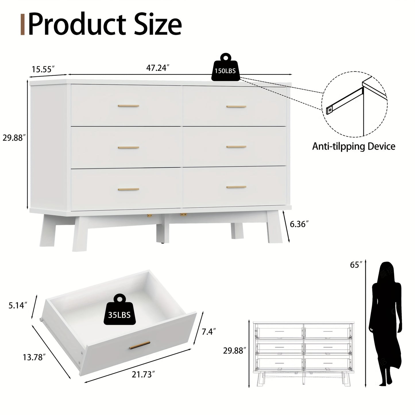 Wood Double Dresser 6 Drawer Double Dresser - Wood Chest of Drawers for Bedroom, Living Room, Hallway - TV Stand Storage Cabinet