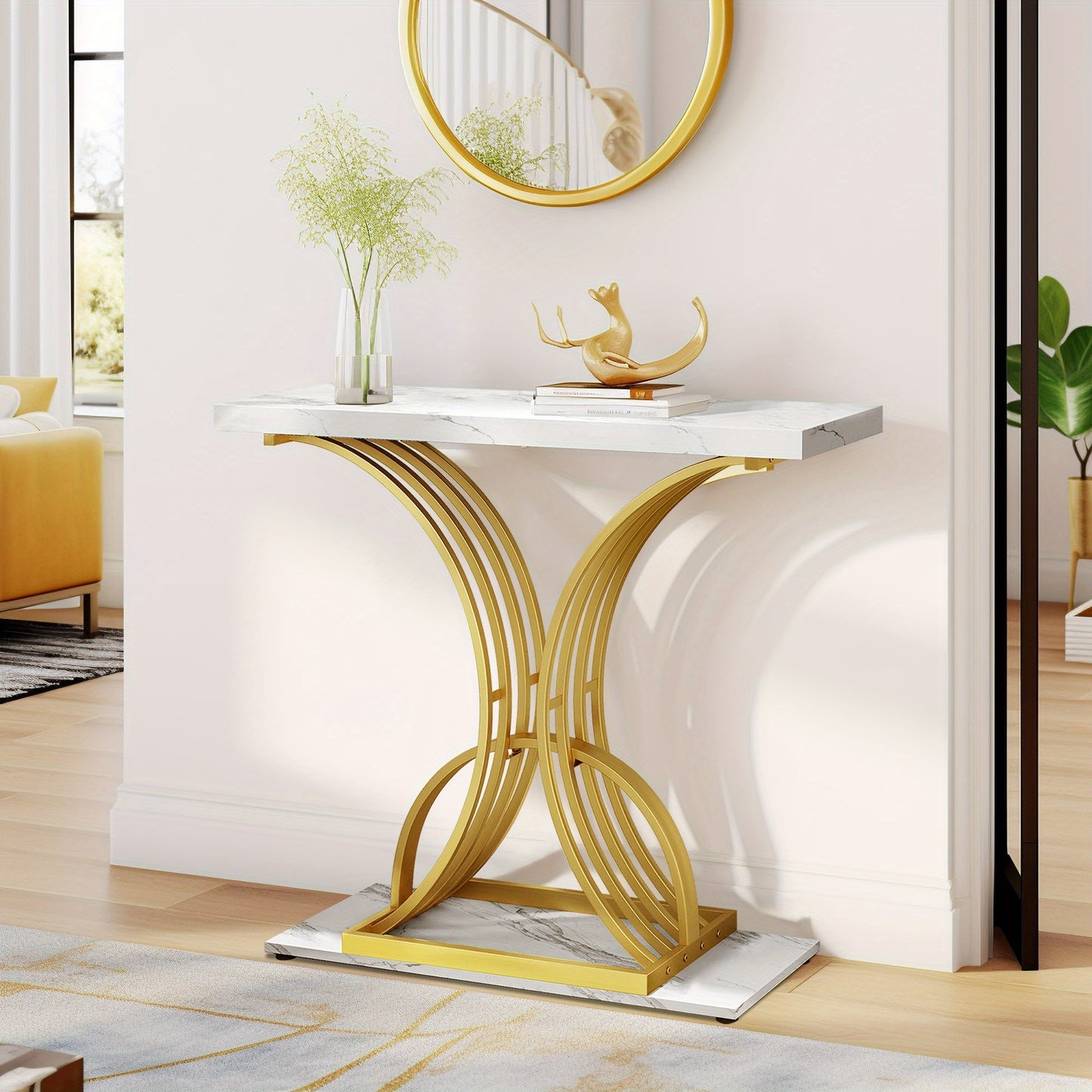 Roadrix Luxurious Golden Console Table, 40-Inch Modern Entryway Narrow Sofa Table, Faux Marble White\u002FBlack Top,