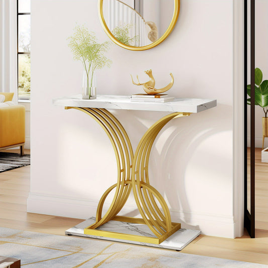 Roadrix Luxurious Golden Console Table, 40-Inch Modern Entryway Narrow Sofa Table, Faux Marble White\u002FBlack Top,